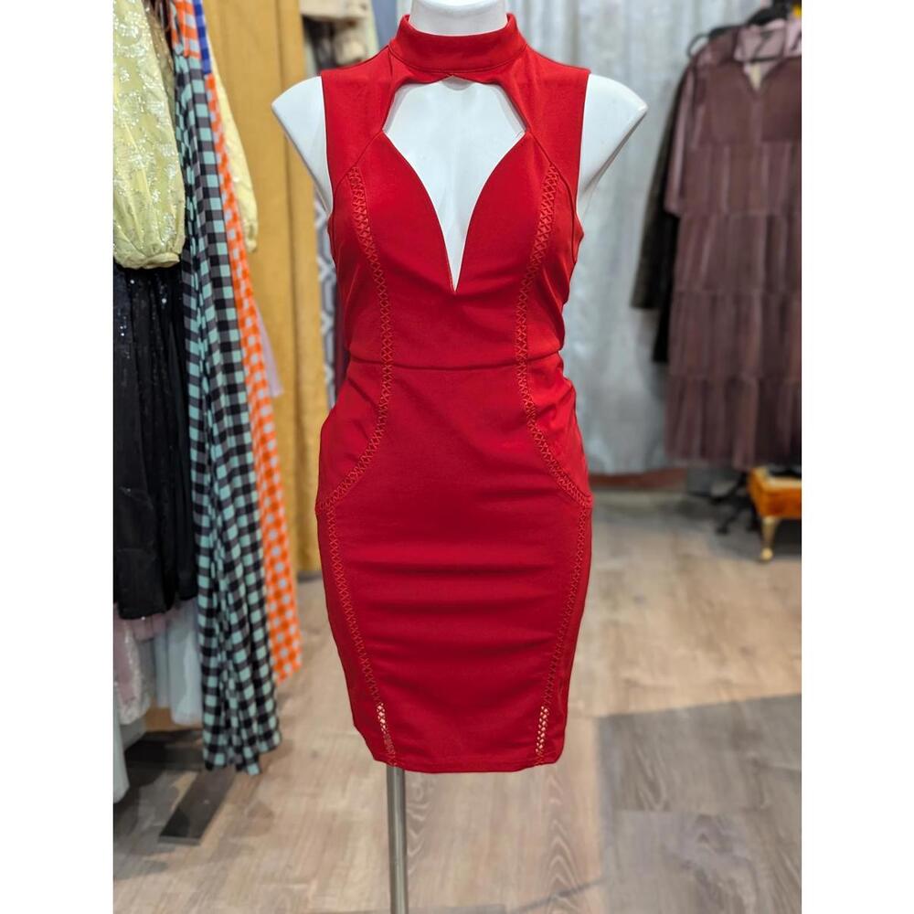 Red Mini High Neck Chest Cut Out Dress